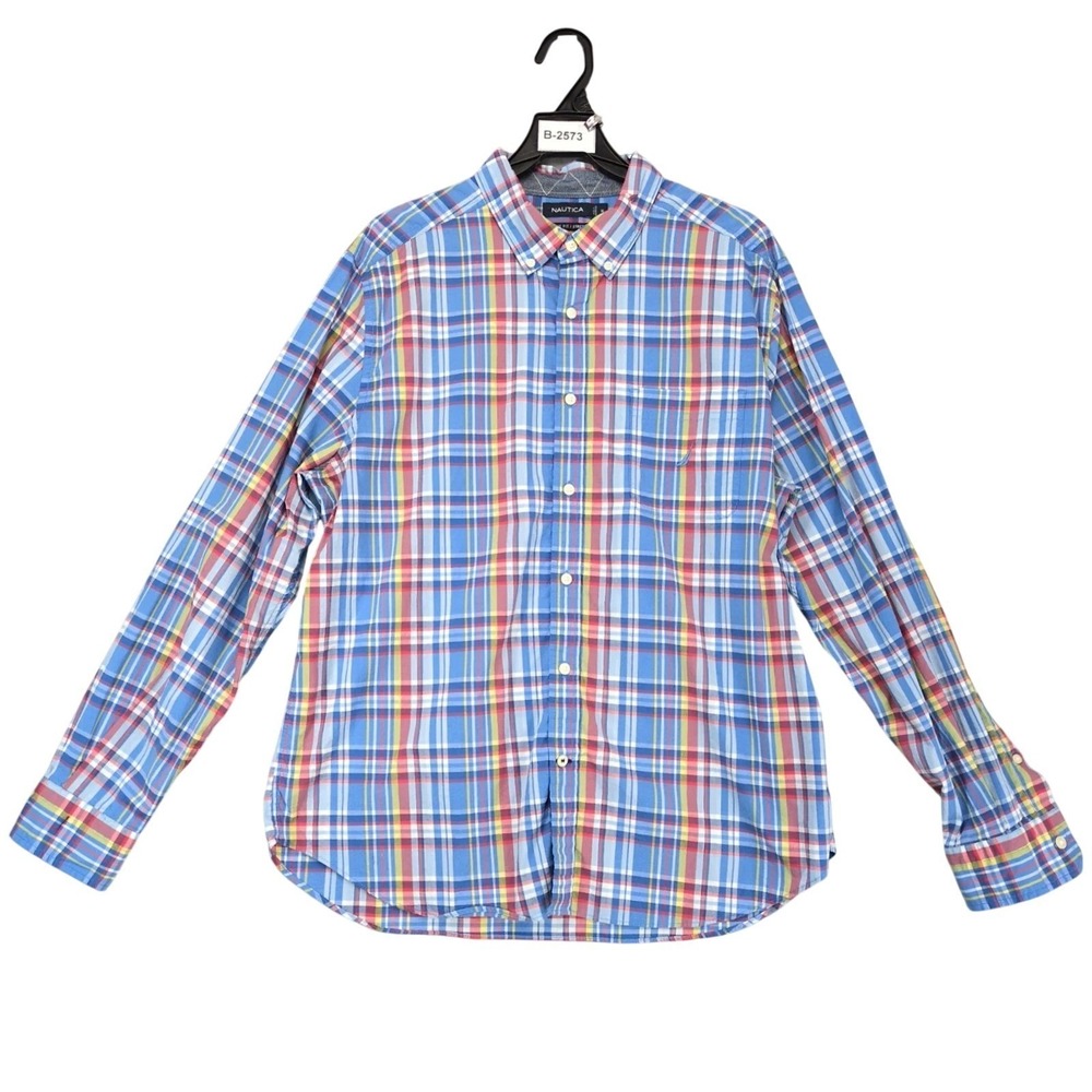 Nautica Blue Plaid Button Down Shirt Mens XL Classic Fit Stretch Preppy Coastal